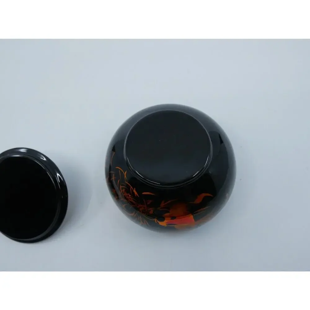 Round Lidded Lacquer Trinket Box Fancy Goldfish Hand Painted Designs Black Gloss